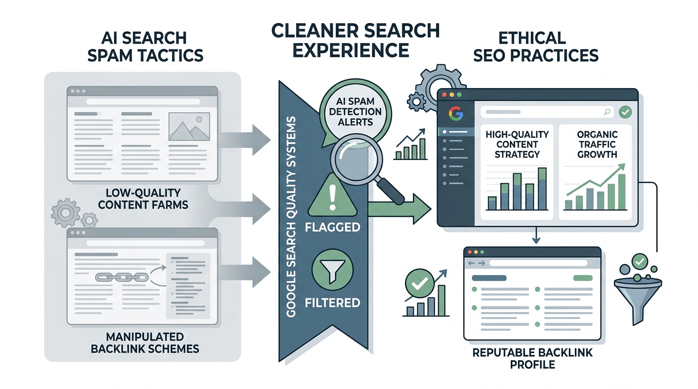 Clean editorial-style image showing Google cracking down on AI search spam tactics. A modern SEO workspace with screensGoogle Just Clarified That Spamming AI Search Can Violate Its Spam Policies