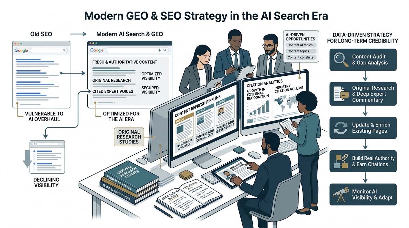 Clean editorial-style image showing modern GEO and SEO strategy in the AI search era. A digital marketing team reviewingThe Practical GEO Moves That Work Right Now