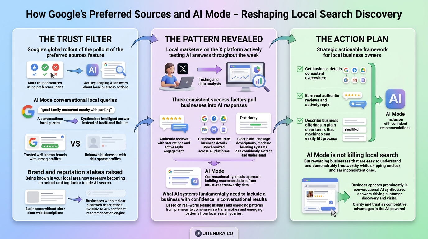 Create a premium visual storyboard infographic based on the section below. CONTENT: Local search is changing under your feet. Google rolled out preferred sources globally and added them inside AI Mode. That means users can tell Google which sources they want to see more of, and those choices now shape the AI answers people get about local options. For local businesses, this raises the stakes on brand and reputation. When a user can mark a source as preferred, the brands people already trust get an edge in AI answers. The unknown business with a thin profile gets passed over. Being known in your area is turning into a ranking factor inside AI search, not just a nice to have. AI Mode also handles local queries in a more conversational way. Someone asks for a good family restaurant nearby with parking and gets a synthesized answer, not just a list of ten links. If your business is not described clearly across the web, the AI cannot recommend you with confidence. The local marketers on X have been testing these AI answers all week and reaching the same conclusion. Reviews, consistent business details, and a clear description of what you offer are what get a business pulled into the AI response. The move for local owners this week. Get your details consistent everywhere. Earn real reviews and reply to them. Describe your business in plain terms a machine can lift. AI Mode is not killing local search. It is rewarding the businesses that are easy to understand and trust, and skipping the ones that are not. GOAL: Convert this blog section into a short visual story that shows the reader the problem, the process, and the outcome. LAYOUT: Use a 3-part storyboard structure: 1. Problem or situation 2. Key action, method, or insight 3. Result, benefit, or takeaway DESIGN REQUIREMENTS: - Use 3 clean panels or connected cards - Each panel should include a short title, simple label, and relevant illustration - Use arrows or visual progression between panels - Keep the layout premium, clean, and easy to understand - Avoid overcrowding the image VISUAL STYLE: - modern editorial infographic - polished vector + soft 3D illustration - SaaS/marketing blog aesthetic - light theme - soft shadows - clean typography - subtle gradient background - professional and helpful, not cartoonish CONTENT RULES: - Use only the concepts from the pasted section - Do not invent extra story elements - Keep text concise and readable - Make the image feel custom-made for this exact content BRANDING: Use the jitendra.co logo at the bottom center inside a subtle footer badge. Do not distort or over-enlarge it. OUTPUT: 16:9, high-resolution, crisp text, blog-ready, no watermark.